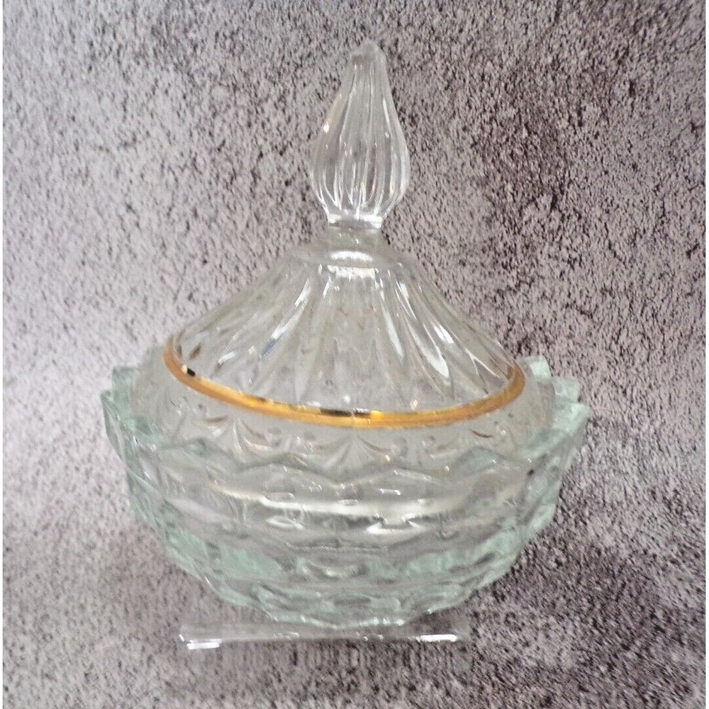Vintage Elegant Indiana Glass Princess Cut Candy Dish w/Lid & Gold Trim Elegant